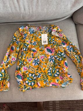 Crown Floral Ruffle Long-Sleeve Top - Mustard Yellow with Pink & Green